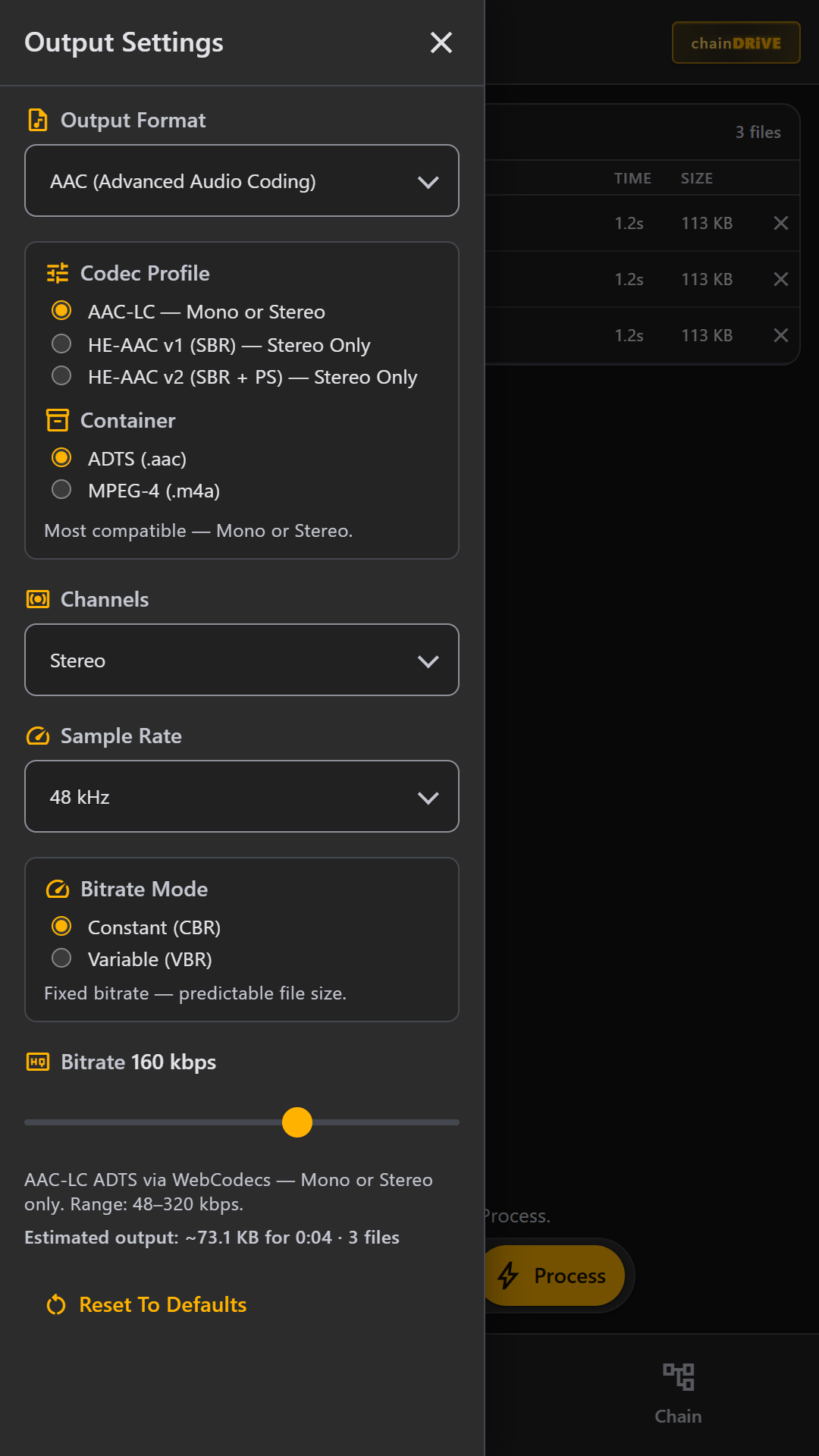 AAC output settings with LC and HE profiles