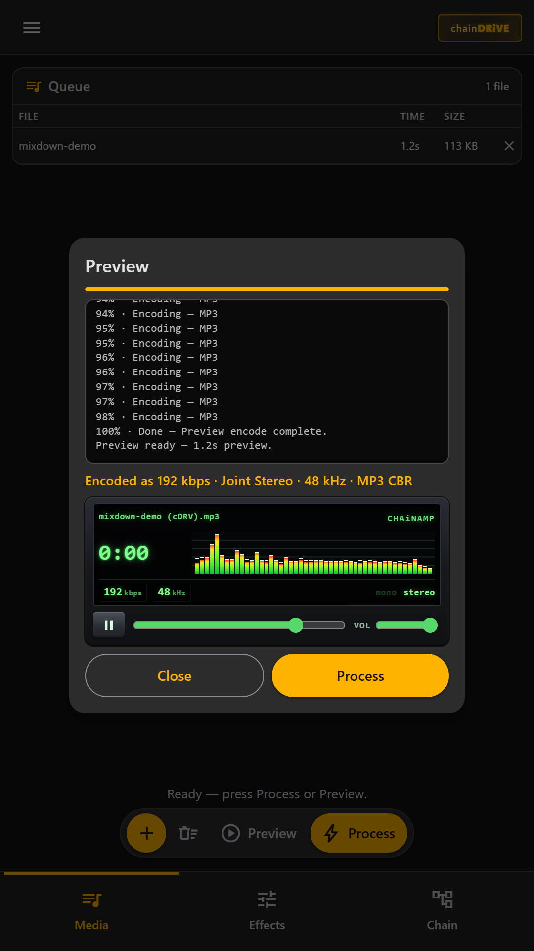 CHAiNAMP preview player after encode
