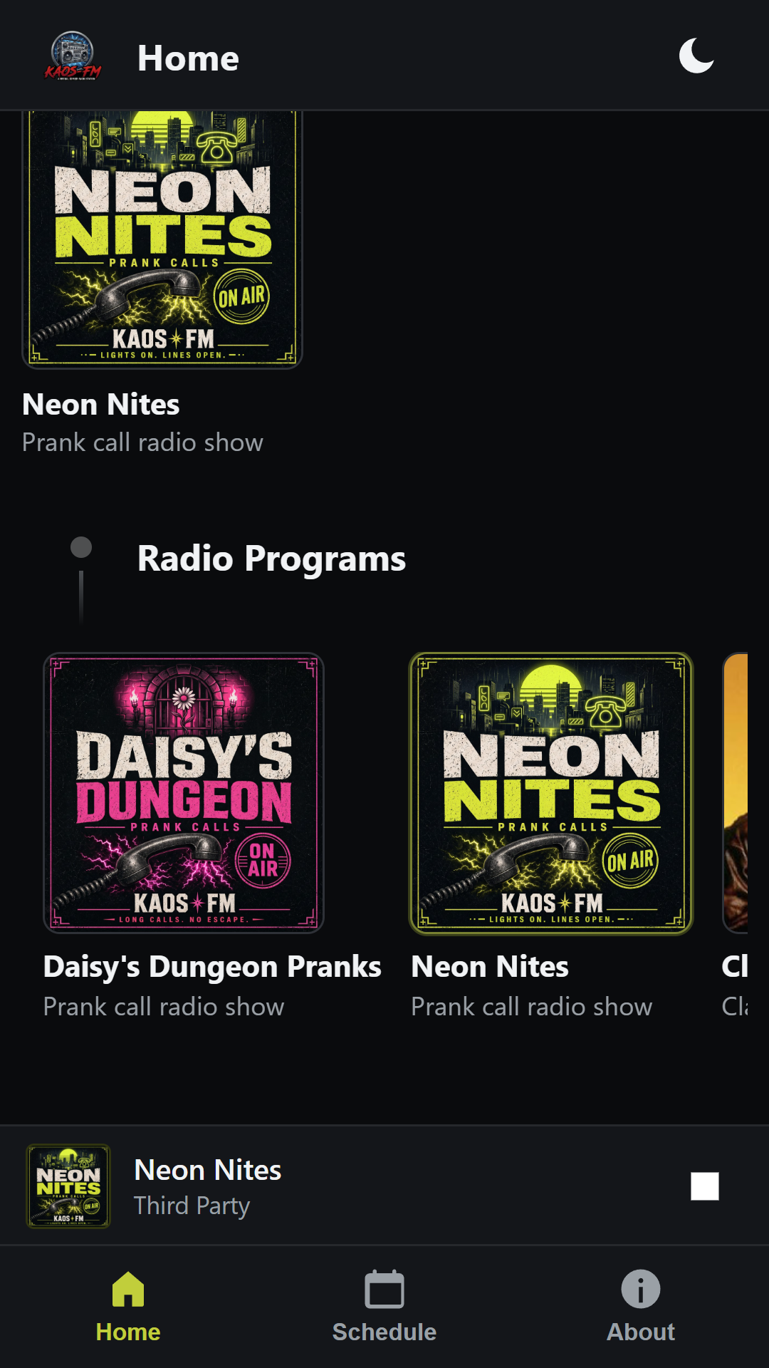 KAOS-FM radio programs row: Daisy's Dungeon Pranks, Neon Nites and Classic Loveline