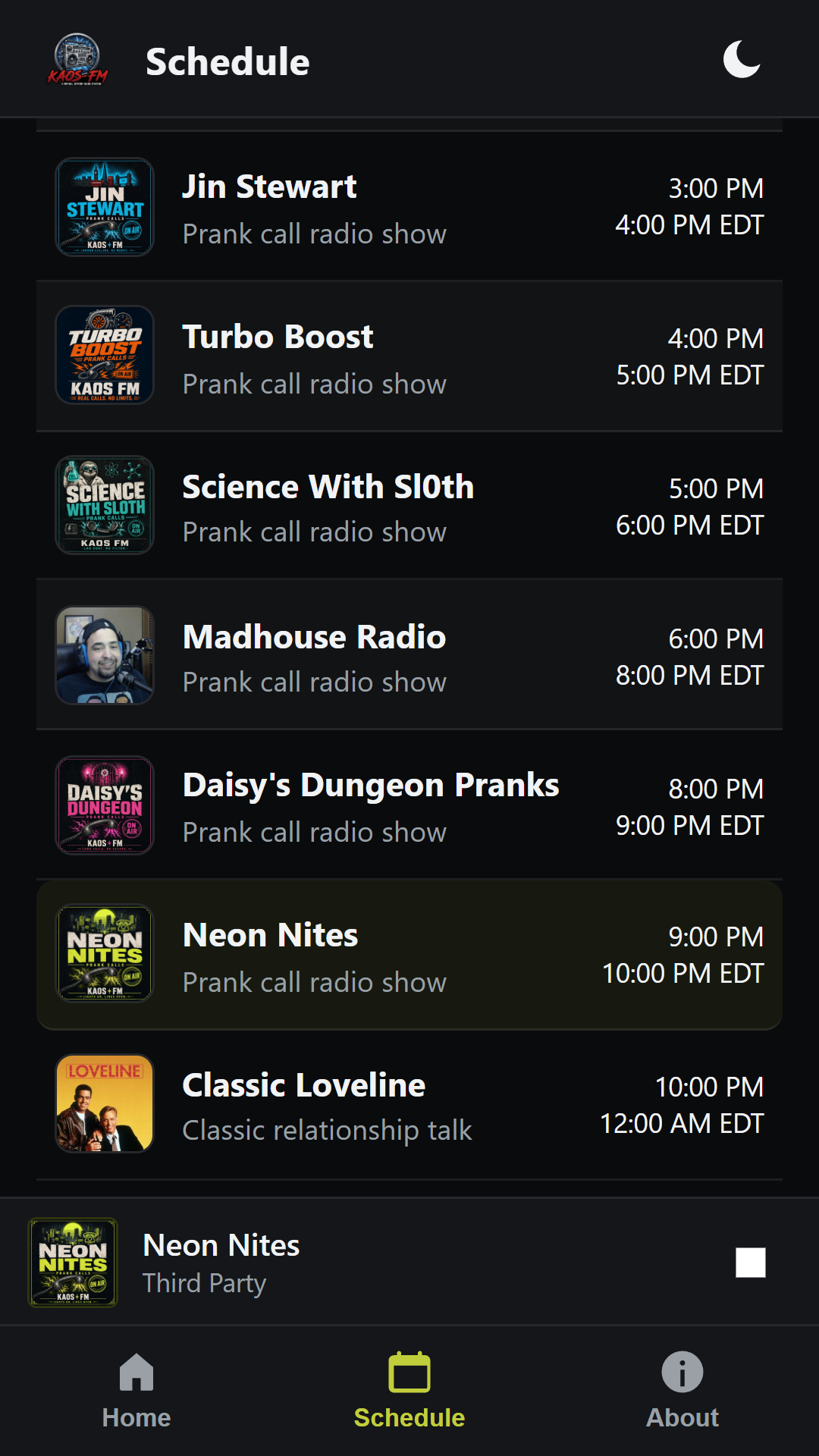 KAOS-FM daily schedule from Jin Stewart at 3 PM to Classic Loveline at midnight, Neon Nites on air