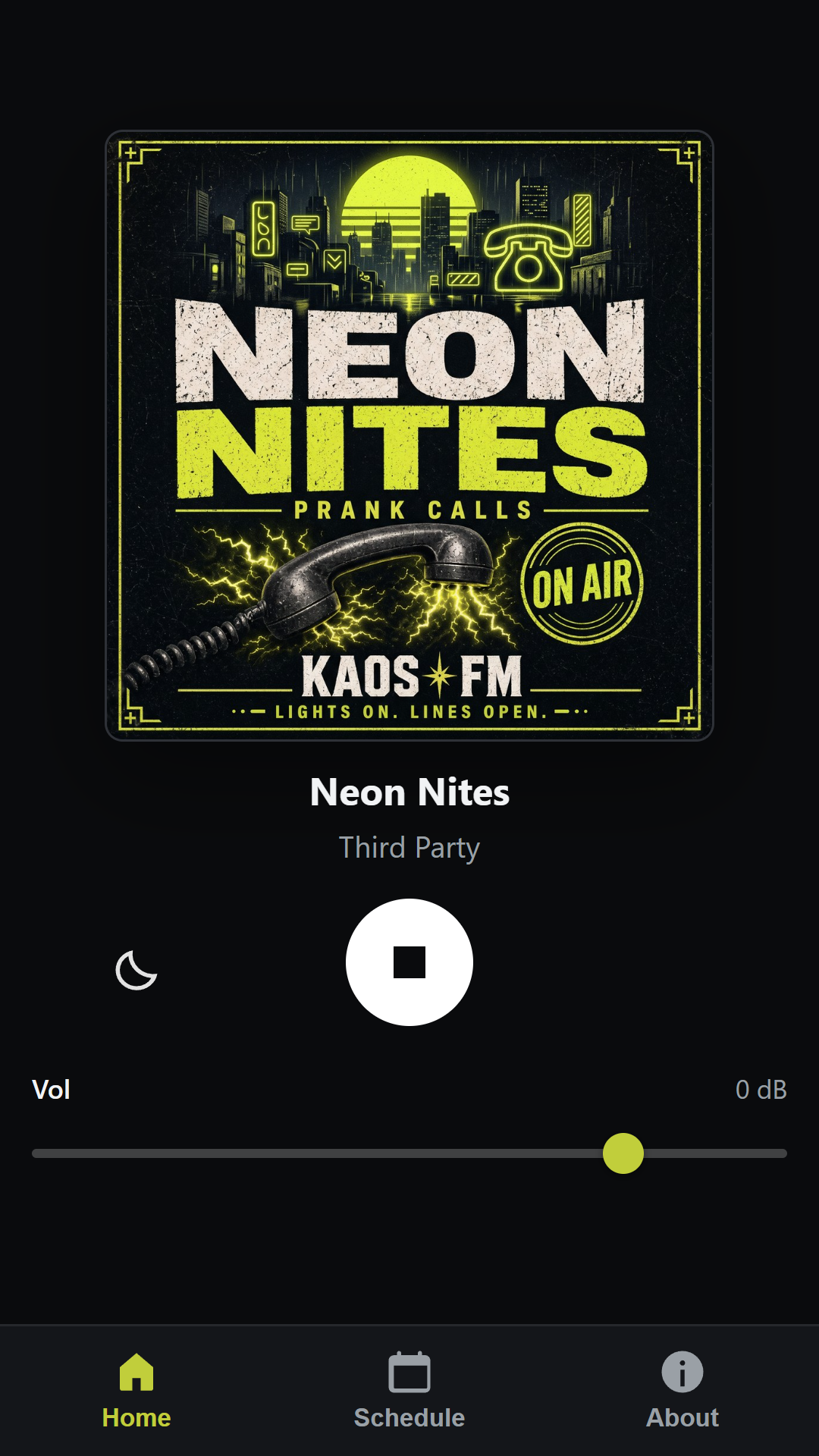 KAOS-FM fullscreen player playing Neon Nites