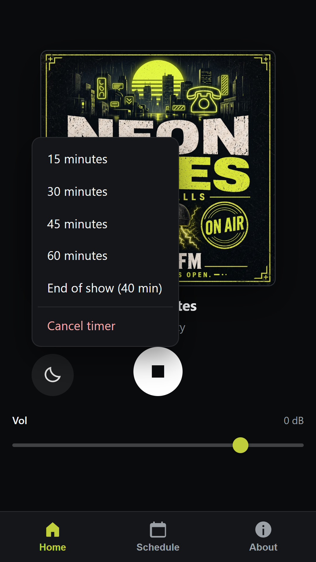 KAOS-FM sleep timer options including end of show