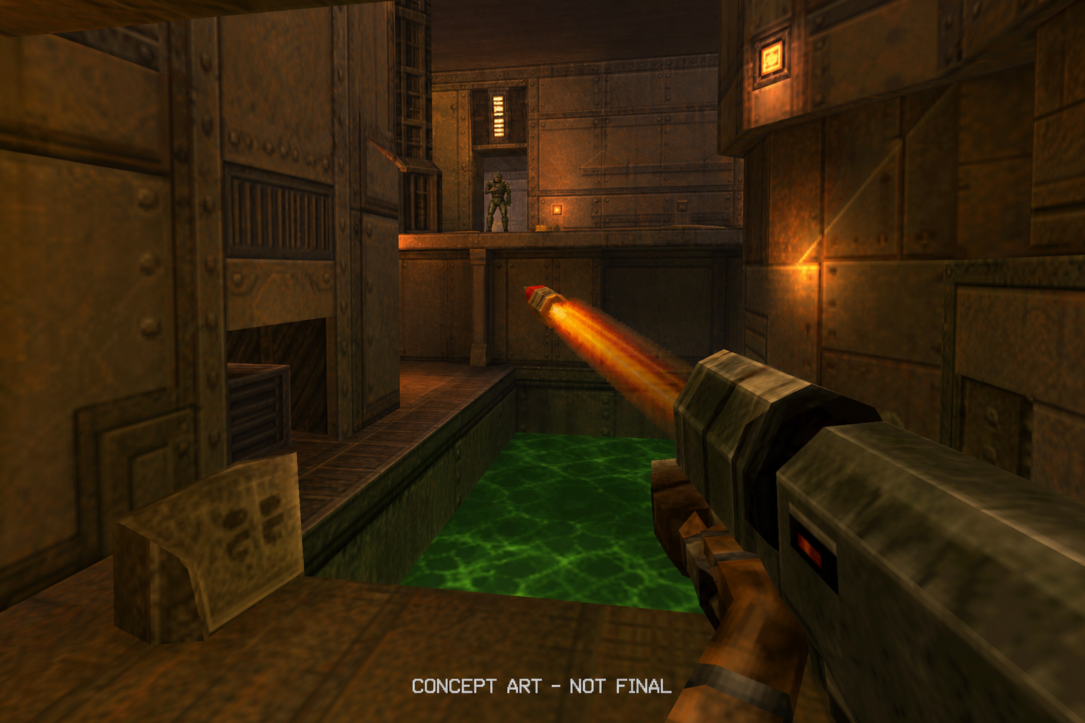 First-person combat concept with rocket launcher in industrial corridor