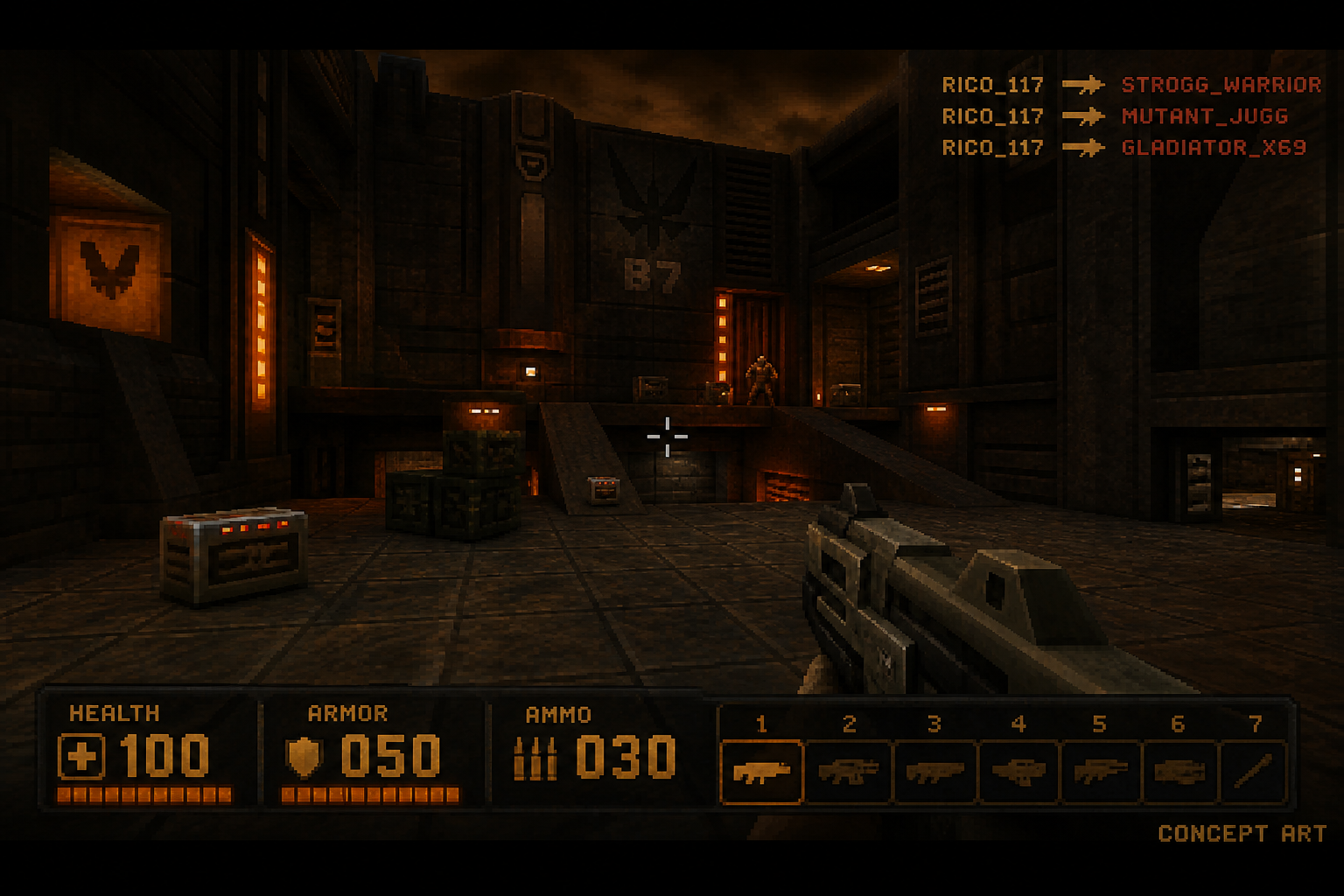 Retro HUD concept with amber health bars and weapon row