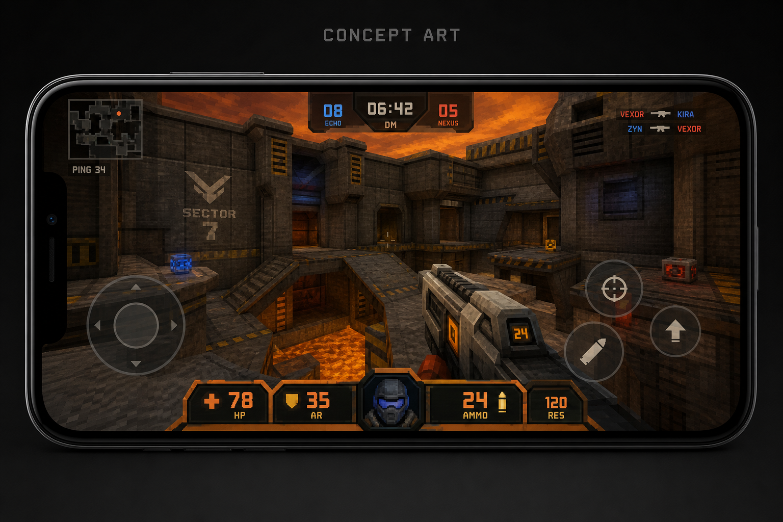Mobile browser mockup with touch controls in landscape